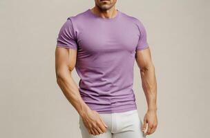 Man Wearing Purple Blank T Shirt with white background photo