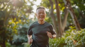 Portrait of Asian senior man smiling and looking at camera in the park photo