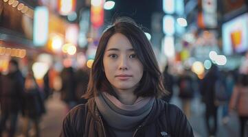 retrato de un hermosa asiático niña en el ciudad a noche foto