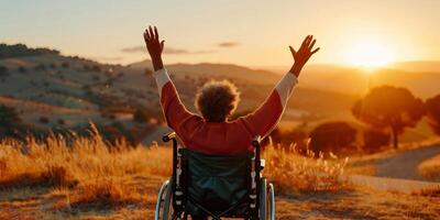 mayor mujer en un silla de ruedas a puesta de sol. Jubilación concepto. foto