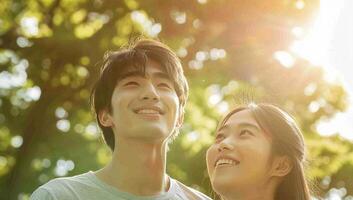 Portrait of a happy young asian couple looking at camera in the park photo