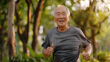 Portrait of Asian senior man smiling and looking at camera in the park photo