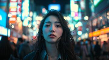 Portrait of a beautiful asian girl in the city at night photo