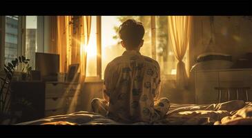 Back view of young man meditating on the bed in the morning photo