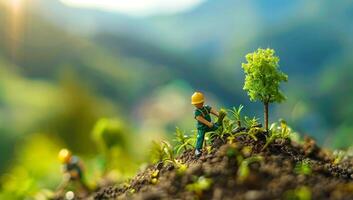 Miniature people Farmer planting tree in the garden with bokeh background safety CSR responsibility friendly carbon neutral photo