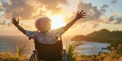 Elderly woman in a wheelchair at sunset. Retirement concept. photo