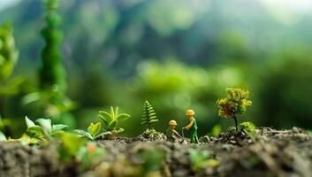 miniatura personas granjero plantando árbol en el jardín con bokeh antecedentes la seguridad csr responsabilidad simpático carbón neutral foto