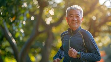 Portrait of Asian senior man smiling and looking at camera in the park photo