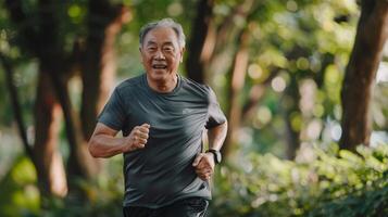 Portrait of Asian senior man smiling and looking at camera in the park photo