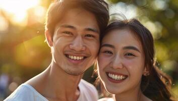 Portrait of a happy young asian couple looking at camera in the park photo