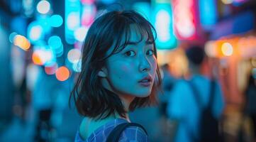 Portrait of a beautiful asian girl in the city at night photo