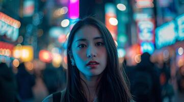 retrato de un hermosa asiático niña en el ciudad a noche foto
