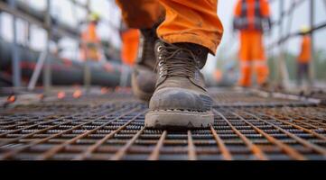 Close up of a worker's shoes walking on a steel grating floor in a construction site, with people working in the background, conveying an industrial architecture concept, in a closeup view photo