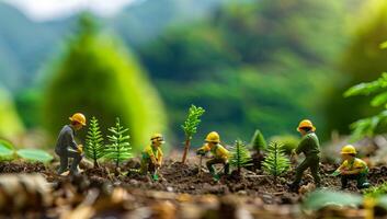 miniatura personas granjero plantando árbol en el jardín con bokeh antecedentes la seguridad csr responsabilidad simpático carbón neutral foto