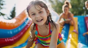 Little girl having fun on an inflatable bouncy castle, with her family watching in the background. photo