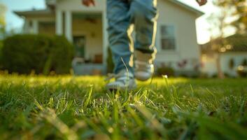 closeup of a young boy's feet running on green grass in the front yard with a modern house in the background. photo