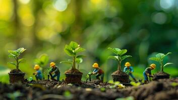 miniatura personas granjero plantando árbol en el jardín con bokeh antecedentes la seguridad csr responsabilidad simpático carbón neutral foto