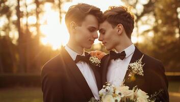 fotografía de dos hermoso joven hombres en smoking y arco atar, participación Boda ramo de flores a atardecer, gay Pareja foto