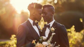 fotografía de dos hermoso joven hombres en smoking y arco atar, participación Boda ramo de flores a atardecer, gay Pareja foto