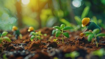 Miniature people Farmer planting tree in the garden with bokeh background safety CSR responsibility friendly carbon neutral photo