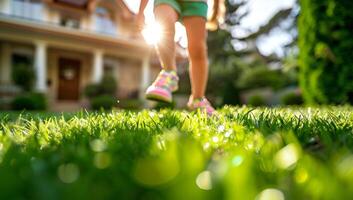 de cerca de un joven Niños pies corriendo en verde césped en el frente yarda con un moderno casa en el antecedentes. foto