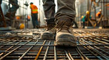 Close up of a worker's shoes walking on a steel grating floor in a construction site, with people working in the background, conveying an industrial architecture concept, in a closeup view photo