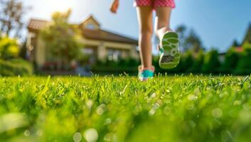 closeup of a young boy's feet running on green grass in the front yard with a modern house in the background. photo