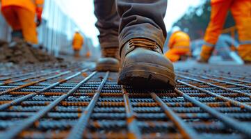 Close up of a worker's shoes walking on a steel grating floor in a construction site, with people working in the background, conveying an industrial architecture concept, in a closeup view photo