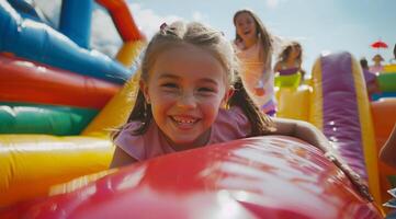 Little girl having fun on an inflatable bouncy castle, with her family watching in the background. photo