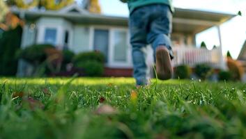 de cerca de un joven Niños pies corriendo en verde césped en el frente yarda con un moderno casa en el antecedentes. foto