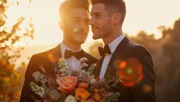 fotografía de dos hermoso joven hombres en smoking y arco atar, participación Boda ramo de flores a atardecer, gay Pareja foto