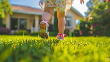 de cerca de un joven Niños pies corriendo en verde césped en el frente yarda con un moderno casa en el antecedentes. foto