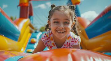 Little girl having fun on an inflatable bouncy castle, with her family watching in the background. photo