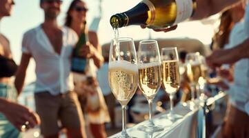 Close up of a male hand pouring champagne into glasses for a group on a yacht. photo