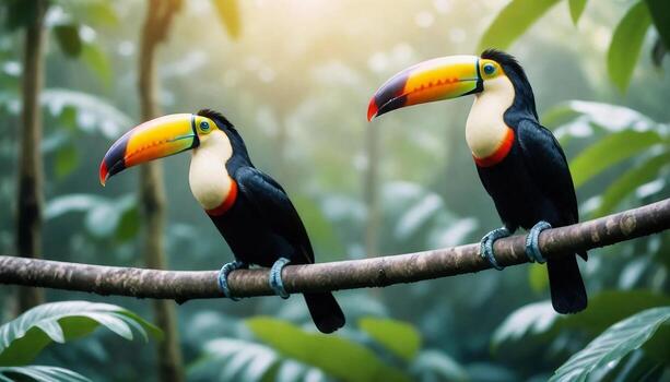 Two toucan tropical birds sitting on a tree branch in a natural wildlife environment in a rainforest jungle photo