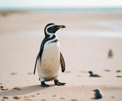 un pingüino en pie en el playa con sus cabeza convertido foto