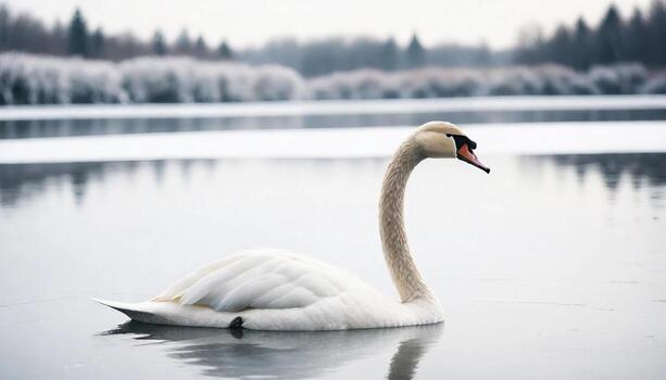 Graceful alone white swan on snow lake with ice in winter day photo