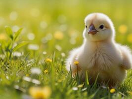 Chick in a field among flowers and green grass. Spring easter sunny day. photo