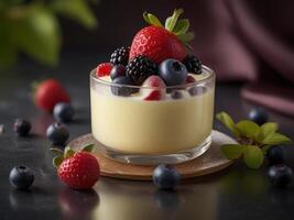 Pudding with ripe berries. Milk dessert with strawberries, blackberries and blueberries photo