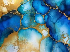 Abstract blue blush liquid watercolor background with golden lines, dots, stains. Marble alcohol ink drawing effect photo