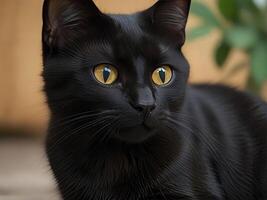 Portrait of a black cat looking into the distance. A pet photo