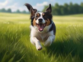 Cheerful dog running through a field of grass on a summer day photo