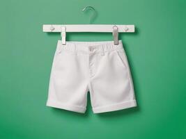 Mockup of white shorts on a hanger on a green background. photo