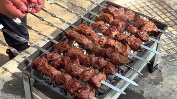 Turco cucina carbone griglia agnello carbonizzato carne. culinario tradizionale fumoso barbeque adana kebab. arrostito halal shish carne. cucinare arrosti shish kebab barbecue su griglia. Arabo cibo grigliato su spiedini. video