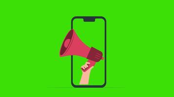 móvil teléfono anuncio mic en un verde pantalla altoparlante anunciando loco promociones video