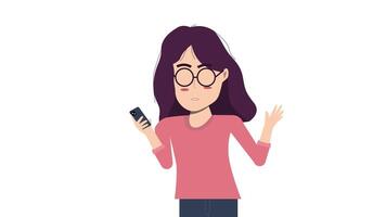 flat character of young girl woman character with pink top holding mobile phone explaining pose video