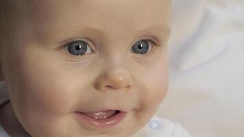 niño rostro. bebé con azul ojos mira a su padres y risas niñito contento cara retrato, de cerca ver video