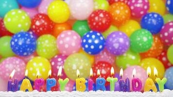 Happy Birthday candles and colorful balloons on background. Blow out festive candles and make a wish. video