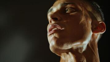 Closeup of a mans face lost in the emotion and expression of a contemporary dance routine photo