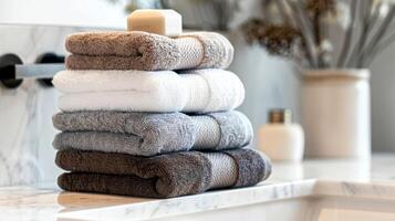 A stack of fluffy bath towels made of Egyptian cotton displaying the rich color and thickness of the fabric photo